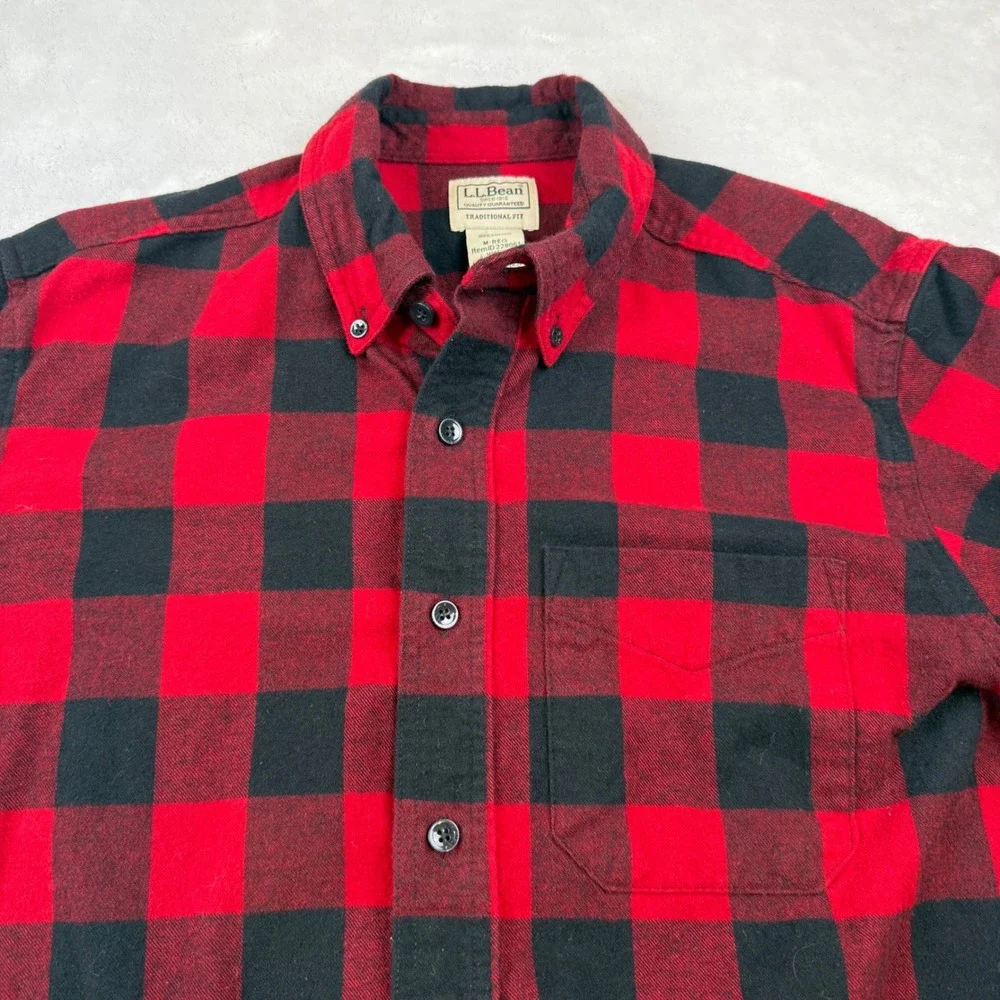 LLBean Mens Red‎ Black Buffalo Plaid Flannel Shirt Traditional Fit Cotton M REG